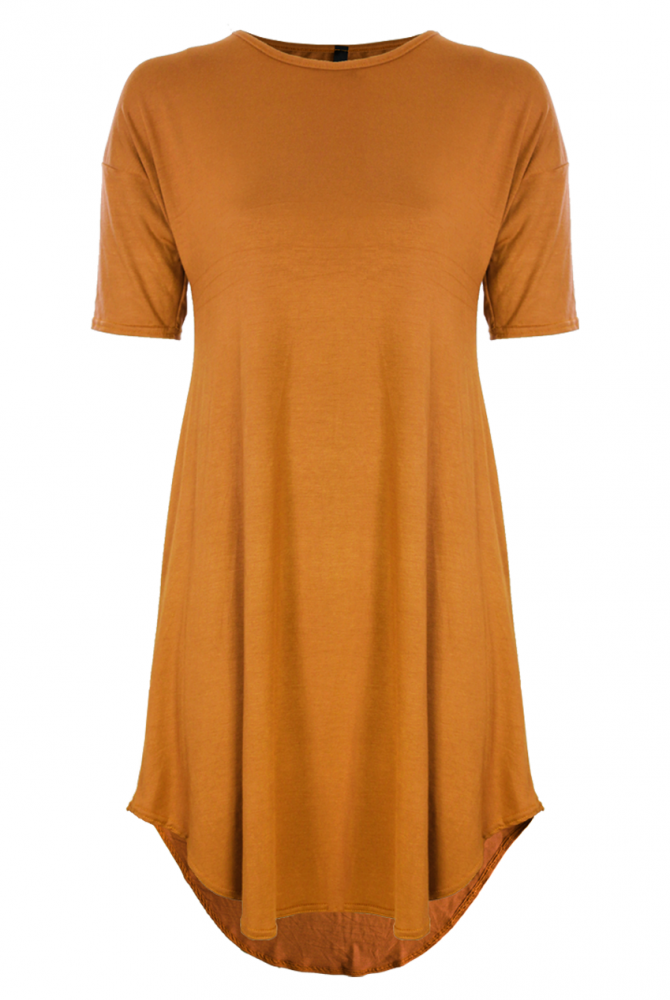  Mustard  Longline Dipped Hem Jersey T Shirt  Dress 