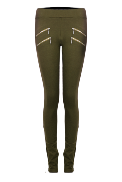 Khaki Hipster Leggings With Double Zip Detail