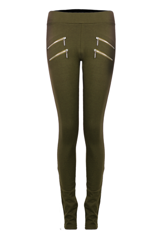 Khaki Hipster Leggings With Double Zip Detail - Tique a Bou