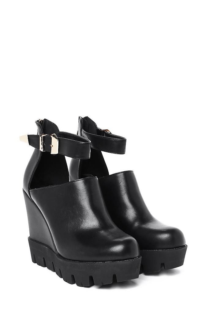 Ankle Strap Black Cleated Wedges - Tique a Bou
