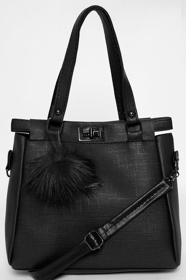 Faux Fur Pom Pom Charm Black Handbag - Tique a Bou